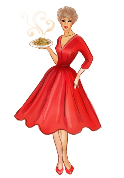 Pinup girl showing pasta dish — Stock Vector