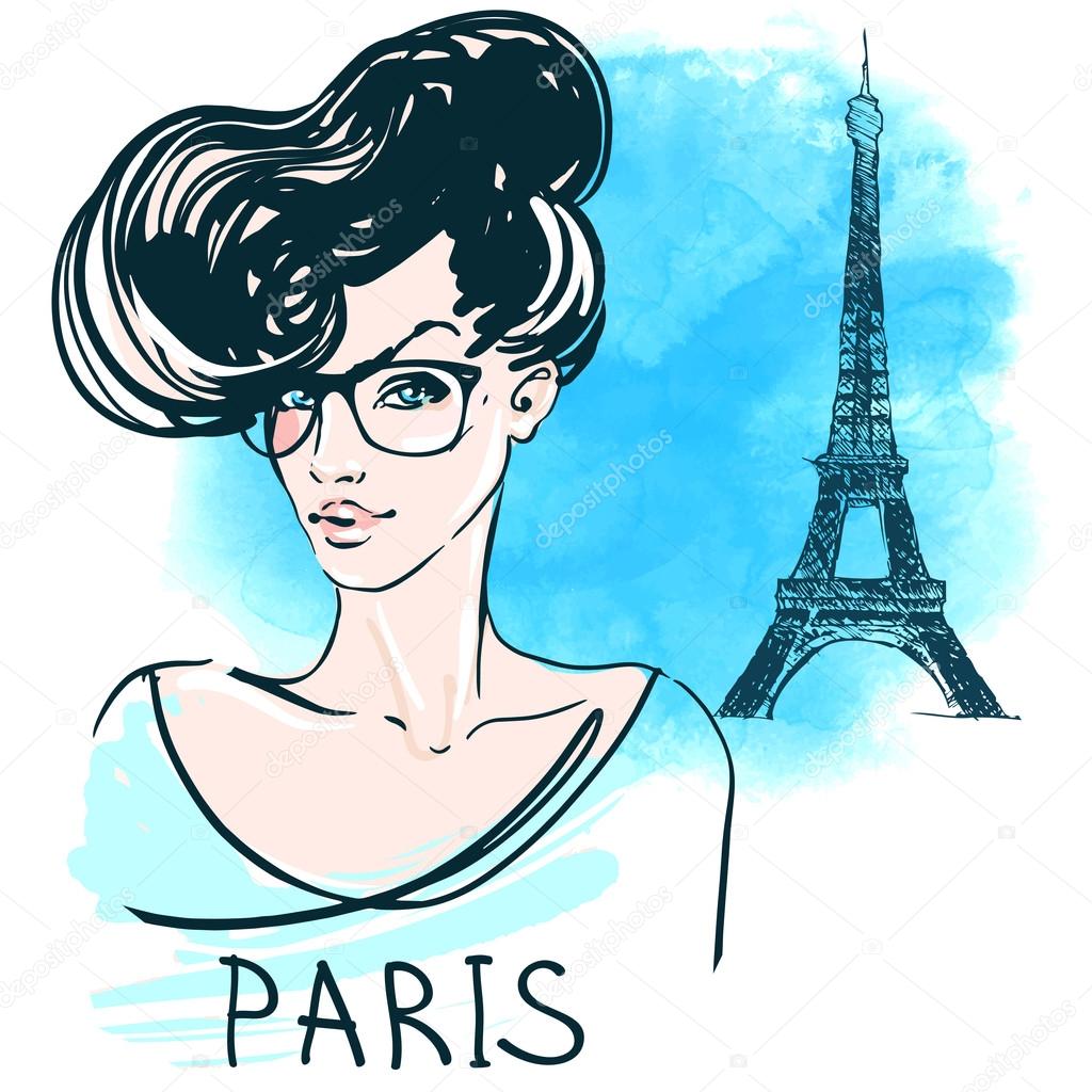 french woman in eyeglasses with Eiffel Tower