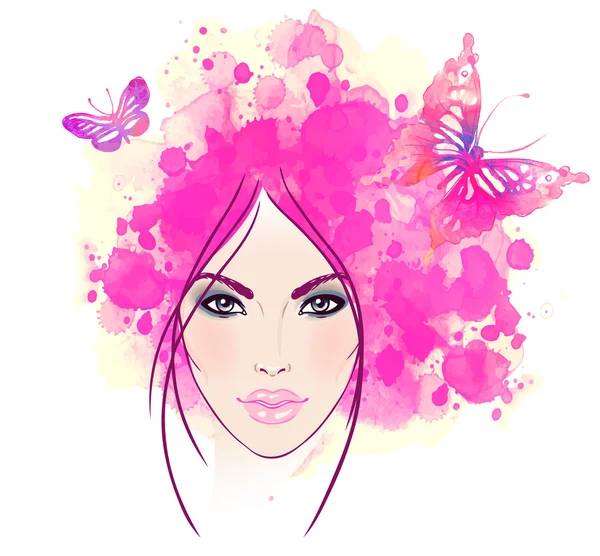 Girl's face with butterflies in her hair. — Stock Vector