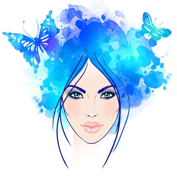 Visage de fille avec des papillons dans ses cheveux . — Image vectorielle