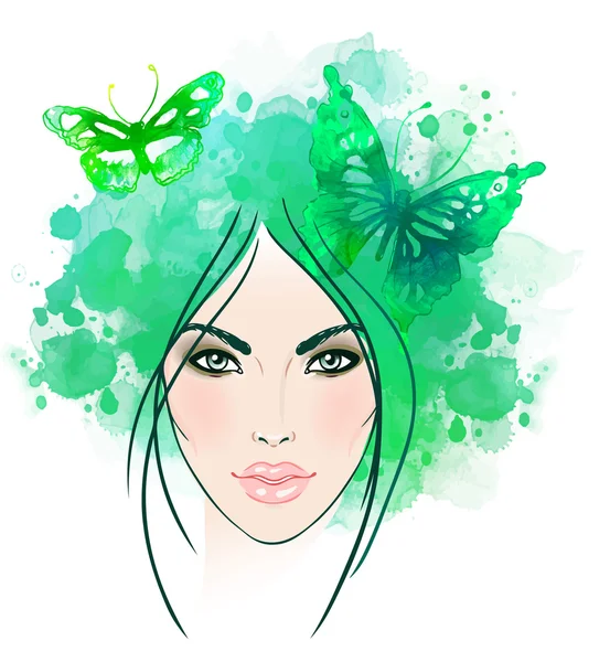 Girl's gezicht met vlinders in het haar. — Stockvector