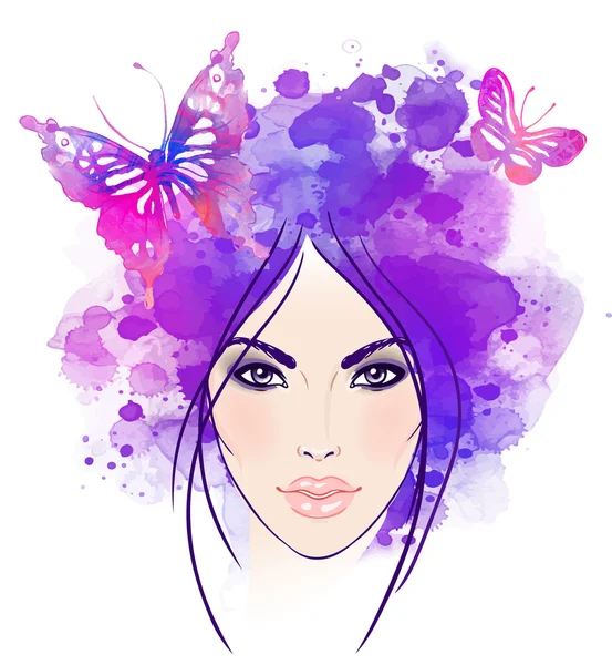 Cara de niña con mariposas en el pelo . — Vector de stock