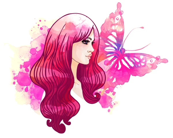 Aquarela menina bonita e borboleta —  Vetores de Stock