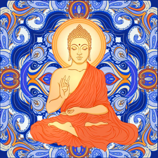 Buda süslü mandala desen üzerinde oturan.