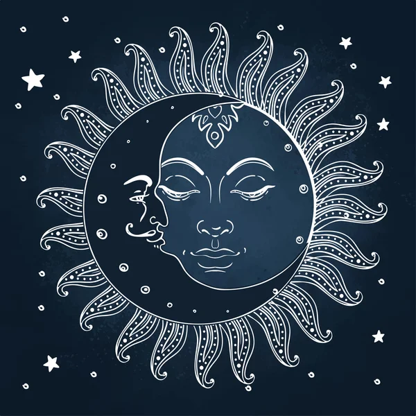 Soleil et lune. Style de gravure vintage . — Image vectorielle