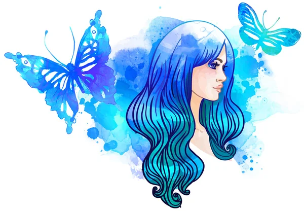 Acquerello bella ragazza e farfalle — Vettoriale Stock