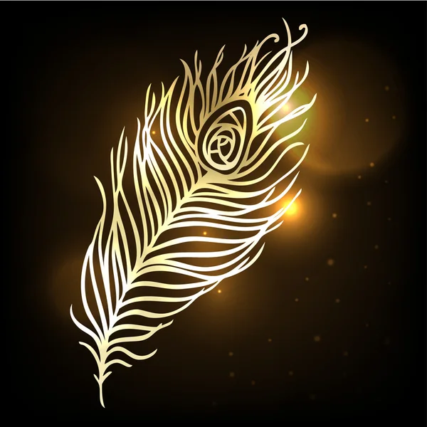 Shiny gold feather over dark background. — Stock Vector