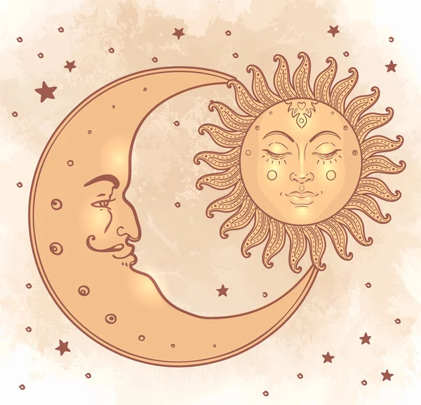 Sol y luna en estilo vintage . — Archivo Imágenes Vectoriales