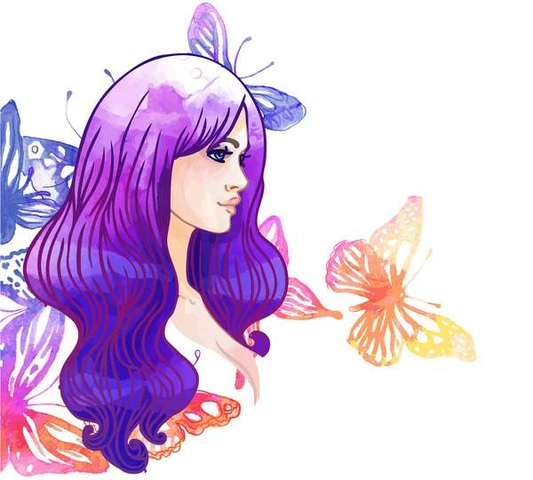 Aquarel mooi meisje en vlinders — Stockvector