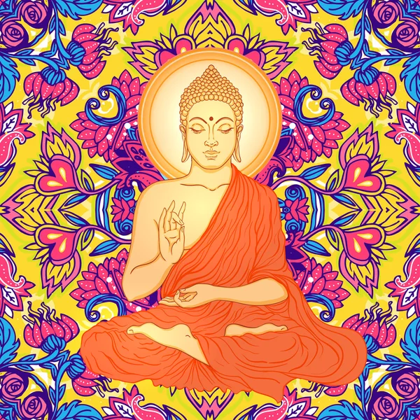 Buda süslü mandala desen üzerinde oturan.