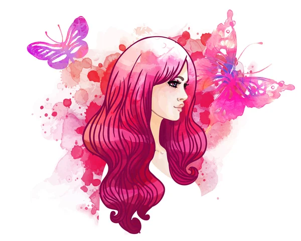 Watercolor pretty girl and butterflies — Stock Vector