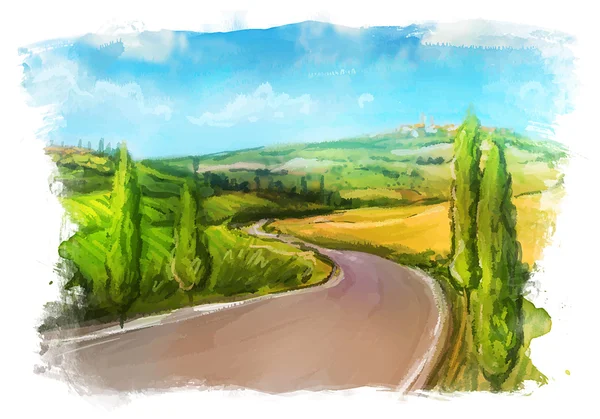 Toscana: Paisaje rural con campos y colinas — Vector de stock