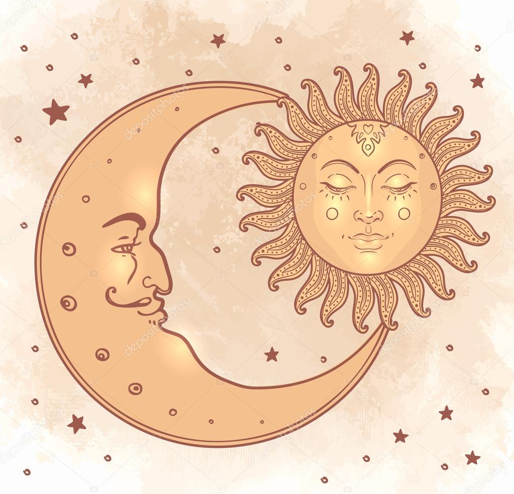 Sun and moon in vintage style.