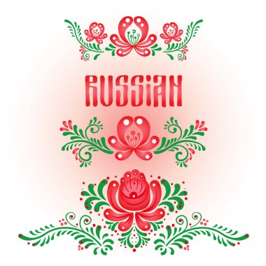 Khokhloma çiçek desenli tasarım öğeleri esin kaynağı oldu. Beyaz izole kırmızı ve yeşil vektör süsler. Geleneksel Rus resim stili. Baskı, poster, tişört ve Tekstil.