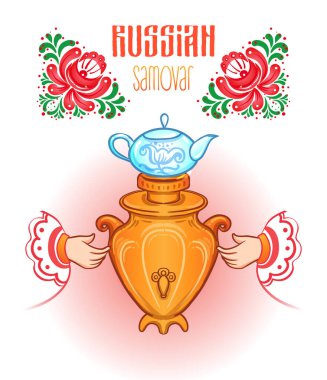 Human hands holding vintage tea Samovar - self-boiler heated metal container traditionally used in Russia. Vector illustration in cartoon style isolated.