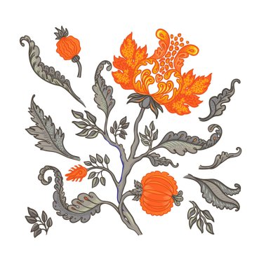 Çiçek desenli elementler, beyaza izole edilmiş Jacobean tarzında ayarlanmış. Büyülü Vintage Çiçekleri. Chintz ilham verdi. Ambalaj kağıdı, duvar kağıdı, kumaş ve moda kıyafetleri için tasarım.