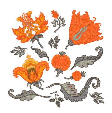 Çiçek desenli elementler, beyaza izole edilmiş Jacobean tarzında ayarlanmış. Büyülü Vintage Çiçekleri. Chintz ilham verdi. Ambalaj kağıdı, duvar kağıdı, kumaş ve moda kıyafetleri için tasarım.