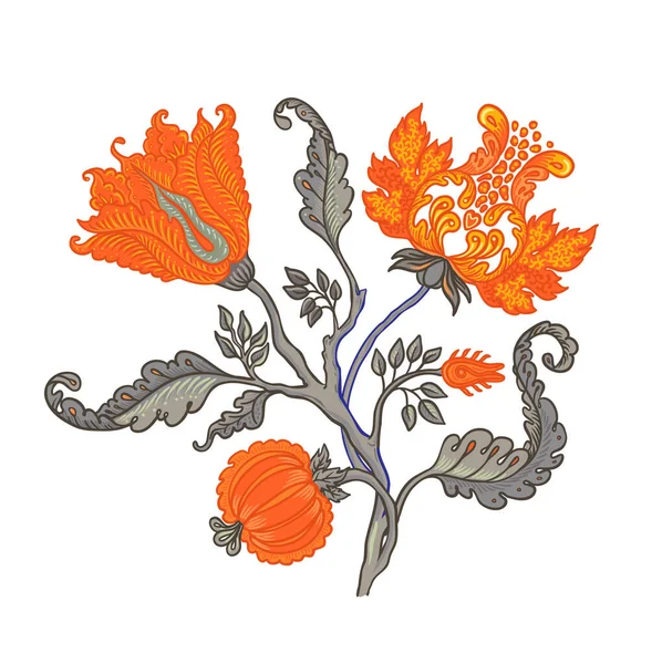 Çiçek desenli elementler, beyaza izole edilmiş Jacobean tarzında ayarlanmış. Büyülü Vintage Çiçekleri. Chintz ilham verdi. Ambalaj kağıdı, duvar kağıdı, kumaş ve moda kıyafetleri için tasarım.