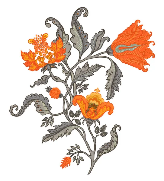 Çiçek desenli elementler, beyaza izole edilmiş Jacobean tarzında ayarlanmış. Büyülü Vintage Çiçekleri. Chintz ilham verdi. Ambalaj kağıdı, duvar kağıdı, kumaş ve moda kıyafetleri için tasarım.