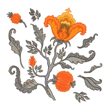 Çiçek desenli elementler, beyaza izole edilmiş Jacobean tarzında ayarlanmış. Büyülü Vintage Çiçekleri. Chintz ilham verdi. Ambalaj kağıdı, duvar kağıdı, kumaş ve moda kıyafetleri için tasarım.