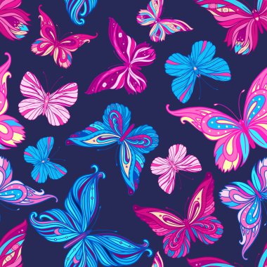 Kusursuz desenli kelebek arka planı, vektör çizimi. Duvar kağıdı, tekstil deseni tasarımı.