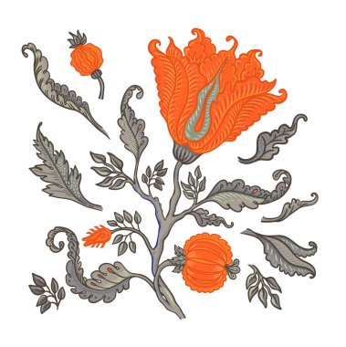 Çiçek desenli elementler, beyaza izole edilmiş Jacobean tarzında ayarlanmış. Büyülü Vintage Çiçekleri. Chintz ilham verdi. Ambalaj kağıdı, duvar kağıdı, kumaş ve moda kıyafetleri için tasarım.