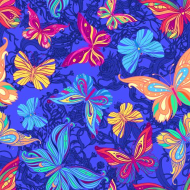 Kusursuz desenli kelebek arka planı, vektör çizimi. Duvar kağıdı, tekstil deseni tasarımı.