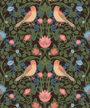 Çiçek çelengi ve eski duvar kağıtları için kuşların olduğu klasik, dikişsiz desen. Büyülü Vintage Çiçekleri. Sanat ve el sanatları hareketi ilham verici. Ambalaj kağıdı, duvar kağıdı, kumaş ve
