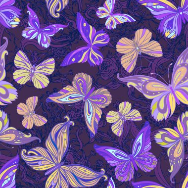 Kusursuz desenli kelebek arka planı, vektör çizimi. Duvar kağıdı, tekstil deseni tasarımı.