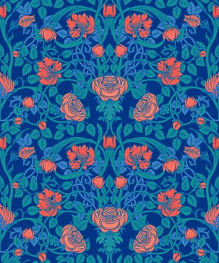 Sanat ve El Sanatları hareketinden esinlenerek, güller, yabani güller, mısır çiçekleri ve narin tomurcuklar içeren kusursuz klasik çiçek desenleri. Duvar kağıdı, tekstil, ambalaj kağıdı ve moda için mükemmel.