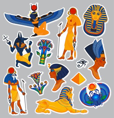 Eski Mısır. Mısır tanrıları ve sembolleriyle hazırlanmış klasik etiket paketi. Retro elle çizilmiş vektör çizimi. Ra, Isis, Anubis, Sekhtmet, Kleopatra, piramit, Sphynx izole edilmiş.