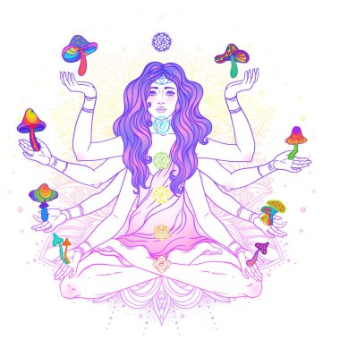 Lotus pozunda oturan çok kollu bir tanrıçanın vektör çizimi. Etrafı mantarlarla çevrili. Lakshmi 'den esinlenilmiş ruhani ve psikedelik kavram, uyumu, doğayı ve iç uyanışı sembolize eder..