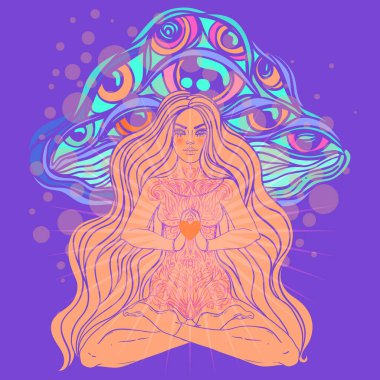 Nilüfer pozisyonunda oturan güzel kız renkli mandala arka planında. Vektör çizimi. Psikedelik mantar bileşimi. Budizm esrarengiz motifleri.