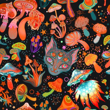 Sihirli mantarlar ve galaksi kedilerinin kusursuz desenleri. Psikedelik 60 'ların renkli hippi sanatı. Klasik saykodelik tekstil, kumaş, ambalaj kağıdı, duvar kağıdı. Gösterimi yineleyen vektör.