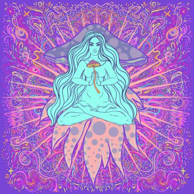 Nilüfer pozisyonunda oturan güzel kız renkli mandala arka planında. Vektör çizimi. Psikedelik mantar bileşimi. Budizm esrarengiz motifleri.