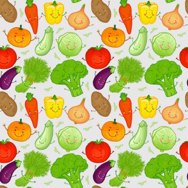 Tatlı sebzeli kusursuz vektör deseni brokoli, kabak, patlıcan, otlar, domates, lahana, soğan, kabak, havuç ve komik yüzlü patates karakterleri..
