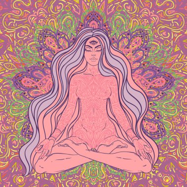 Nilüfer pozisyonunda oturan güzel kız renkli mandala arka planında. Vektör çizimi. Psikedelik mantar bileşimi. Budizm esrarengiz motifleri.