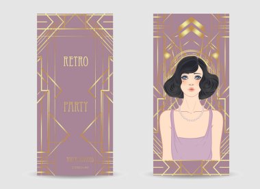 Art Deco tasarım şablonu zarif flapper kız, geometrik şekiller ve tozlu gül ve altın tonlarda dekoratif elementler. Davetiyeler, moda markaları, etkinlikler veya dijital dekor için mükemmel.