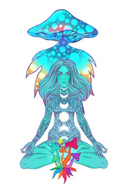 Yeni Çağ psikedelik tarzında mantarlı bir kadının vektör çizimi. Psilosibin kavramı, bilinç genişlemesi, yoga, maneviyat ve hippi kültürü sembolik, renkli detaylar..