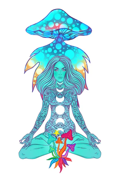 Yeni Çağ psikedelik tarzında mantarlı bir kadının vektör çizimi. Psilosibin kavramı, bilinç genişlemesi, yoga, maneviyat ve hippi kültürü sembolik, renkli detaylar..