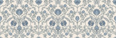 William Morris tarzından esinlenilmiş kusursuz lale deseni. Duvar kağıdı, tekstil, duvar halısı ve miras esintisi dekoru için uygun zarif tekrarlayan kompozisyona sahip klasik çiçek tasarımı..