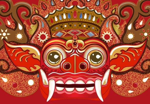 Geleneksel bir Bali ayin sembolü olan Barong maskesinin renkli bir temsili. Ayrıntılı kırmızı, altın ve siyah etnik tasarım Hindu mitolojisinden esinlenilmiş, baskılar, dövmeler, posterler için mükemmel