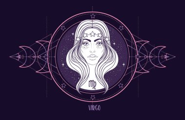 Kutsal geometrisi ve yıldız haritası olan Başak burcu kadın vektör hattı sanatı. Burç sembolü, kozmik ahenk ve modern ruhani uygulamalardan esinlenilmiş zarif mistik astroloji çizimi.