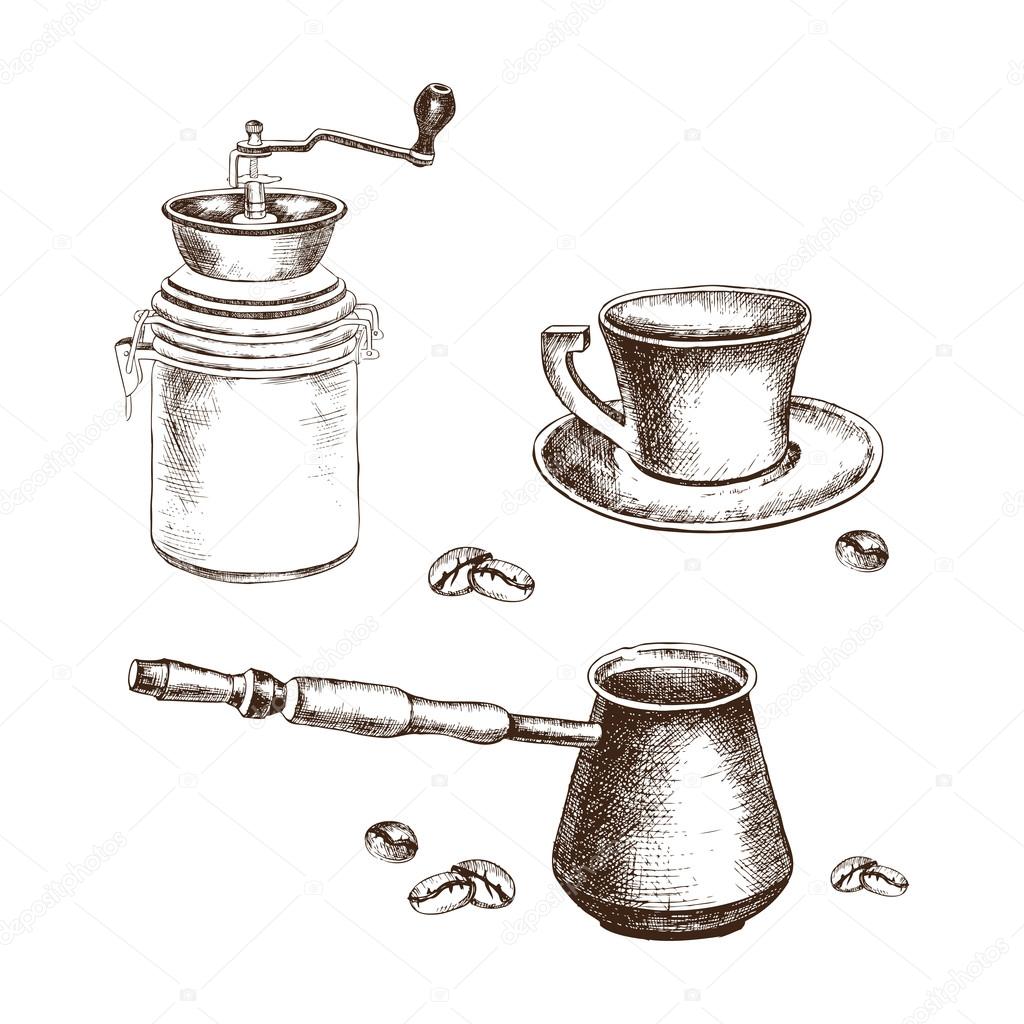 Hand-drawing coffee set with coffee beans