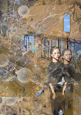 Kaskatı eski bir evin önünde duran iki korkunç kadın ikiz