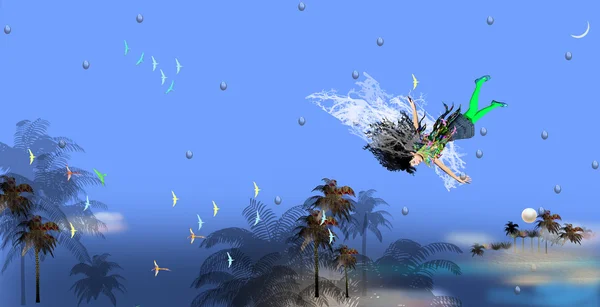 Repülő madarak és a vízcseppek kék levegőben vastag fekete hajú lány — Stock Fotó