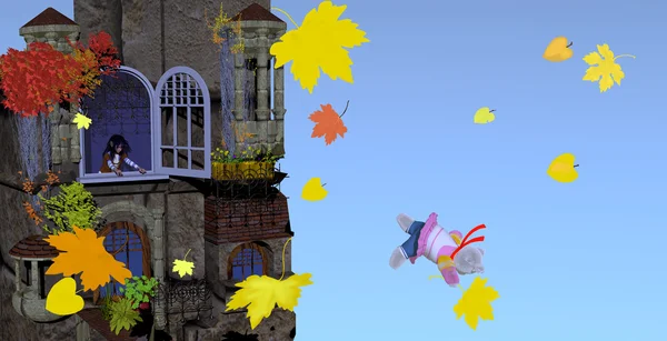 Teddy bear falling out of the window of an old building in autumn over blue sky — Stok fotoğraf