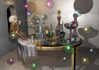 Little old woman making bubbles, old table and room