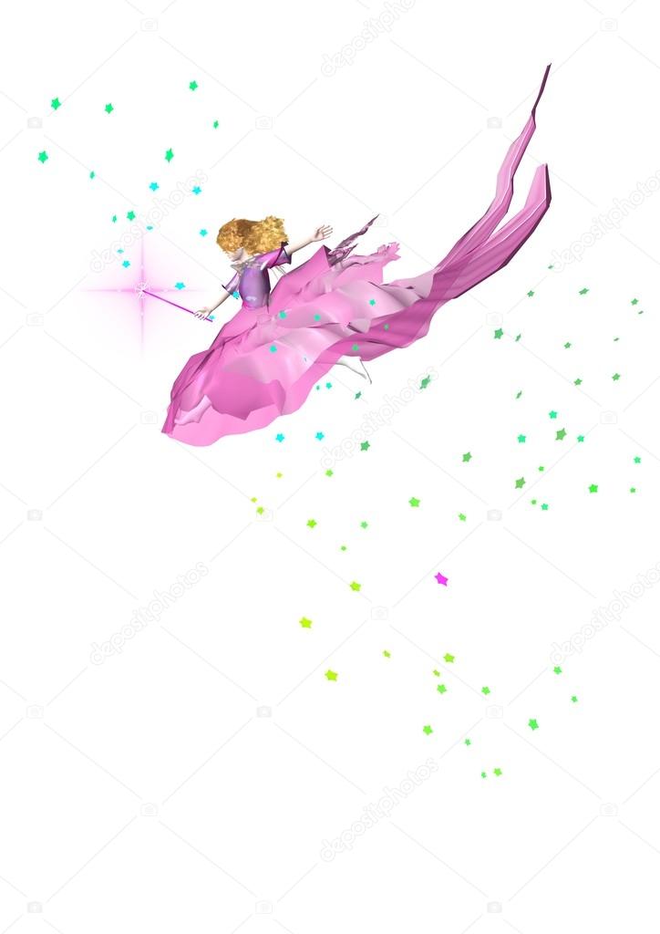 A cute little fairy in a pink dress holding a wand flying in the sky