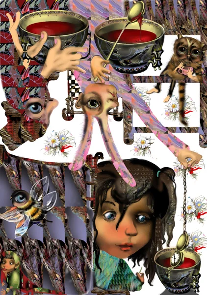 Alice in Wonderland participating in the Mad Tea Party Royaltyfria Stockbilder